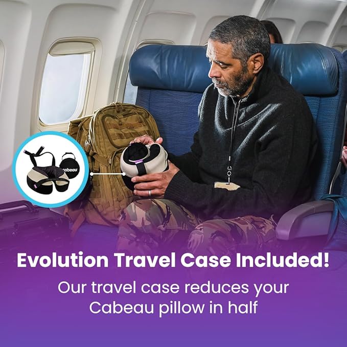 Cabeau Travel Neck Pillow for Airplanes - The Neck's Evolution TNE S3 - Supportive Memory Foam Design for Long Haul Flights with Attachable Seat Straps and 360 Support in Berlin Grey