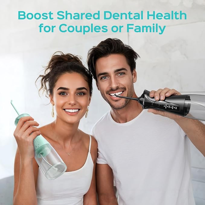 COSLUS Water Dental Flosser Pick for Teeth C30(FC5360): 4 Modes Cordless Portable 300ML Larger Tank Water Teeth Cleaner IPX7 Flossing Cleaning Picks for Home Travel Black Green 2pcs Portable Set