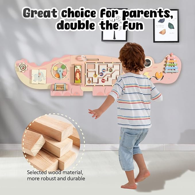 Interactive Pink Crocodile Wall Game - Wooden Educational Toy with 10+ Games for Kids (3+), STEM Learning, Hand-Eye Coordination & Sensory Development