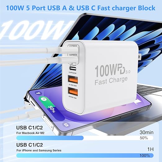QZIIW USB C Wall Fast Charger Block, 100W 5-Port Type C Fast Charging Block 3 Pack-PD Power Charger Adapter QC 3.0 USB Multiport Charger Brick for iPhone 17 16, Samsung Series MacBook/Air, iPad, etc.