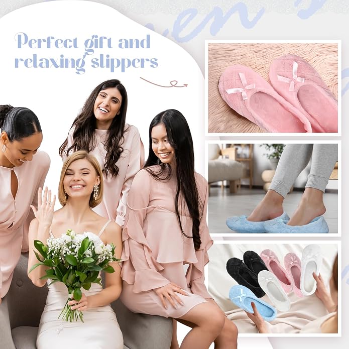 Geyoga 4 Pairs Women's Slippers Ballerina Ballet with Satin Bow Tie Non Slip Slippers Ballet House Socks for Wedding Housewarming