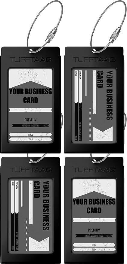 Luggage Tags Business Card Holder by TUFFTAAG - Durable Travel ID Bag Tag, SS-Black, 4 Pack