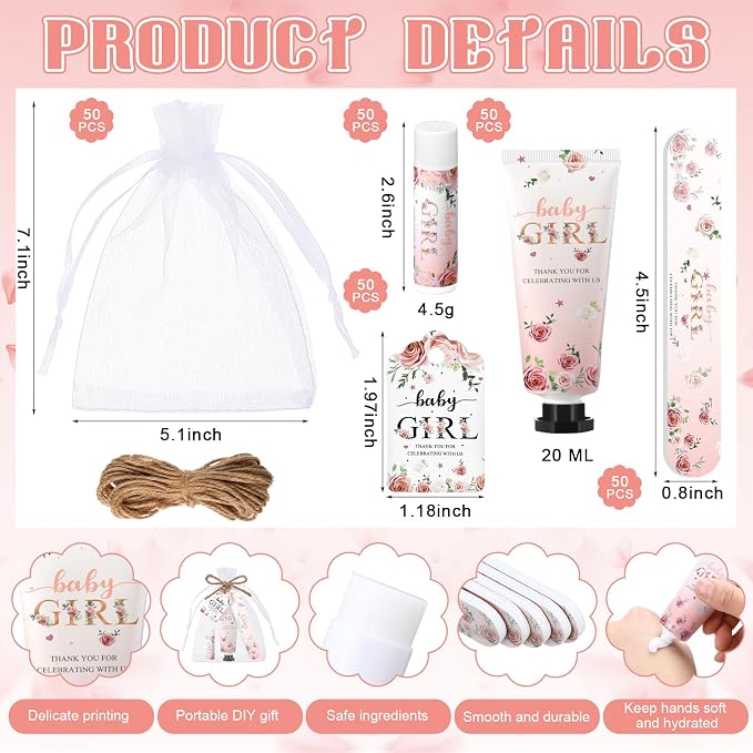 Leelosp 50 Sets Baby Shower Favors for Guests Baby Shower Hand Cream and Lip Balm Bulk Gift Set Thank You Gift Travel Size Hand Lotion Lip Balm with Nail File Party Favors
