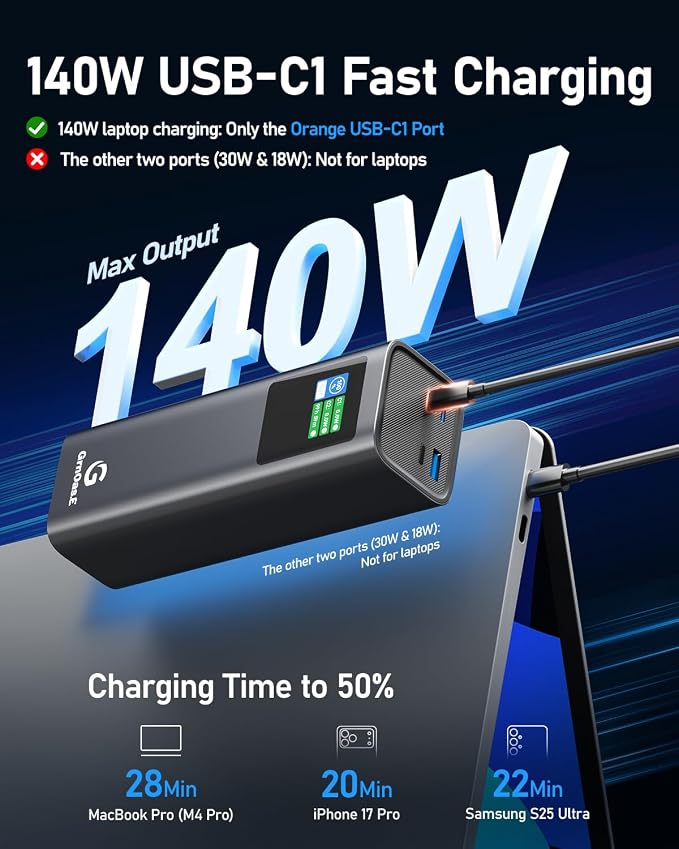 27000mAh Power Bank, 140W Laptop Portable Charger with PD 3.1 Fast Charging, Smart Sisplay, 99Wh Battery Bank for MacBook Pro/Air, iPad Pro, iPhone17/16 Series, Samsung and More(Dark Gray)