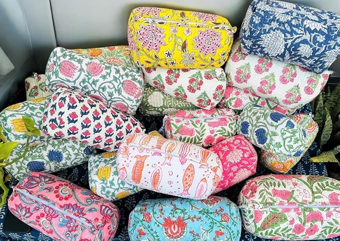 Block Print Designer Toiletry Bag & Makeup Case - Boho Floral Quilted Pouch for Cosmetics, Skincare - Waterproof Lined Organizer for Diaper Bag, Purse, Travel, Gift, Pencils (medium size 8pcs)