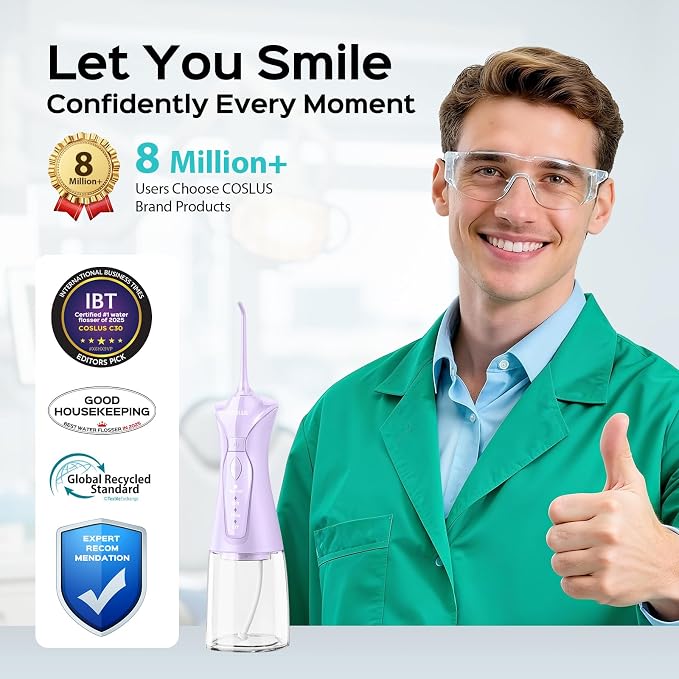 COSLUS Water Dental Flosser Pick for Teeth C30(FC5360): 4 Modes Cordless 300ML Larger Tank Portable Water Teeth Cleaner Picks IPX7 Waterproof Flossing Machine for Home Travel Purple