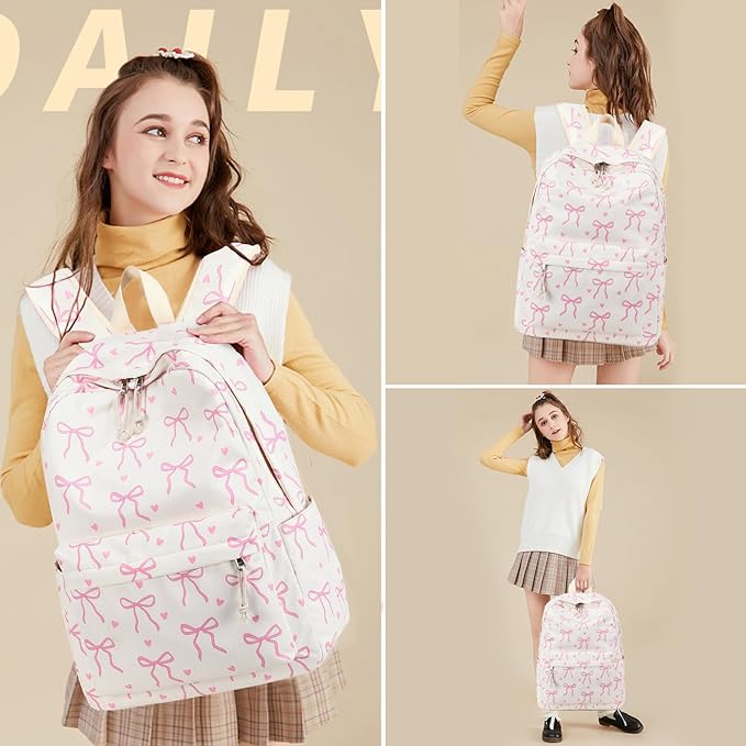LOIDOU Backpack for Girls School Backpacks Bookbags for Elementary Middle School Women Laptop Backpacks (Bow tie Beige, L-17)