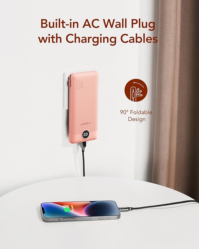 VEGER Portable Charger Power Bank with Built-in AC Plug and Cables, All in One 10000mAh Ultra Slim Travel Essentials, Fast Charging Battery Pack Compatible with iPhone, Samsung, More, Dark Pink
