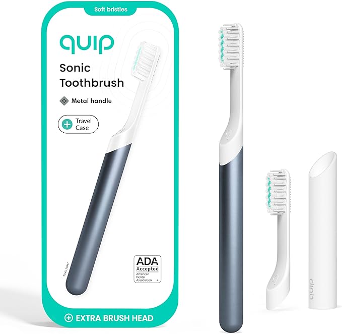 Quip Metal Sonic Electric Toothbrush for Adults - Time Travel & Soft Bristles with Travel Case & Replacement Brush Head - 3 Month Battery Life, Twilight Faded Blue