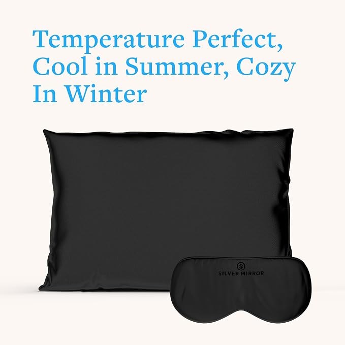 Silk Sleep Essentials Set in Black: Pillowcase and Eye Mask, 25" x 19.5" Fits Standard Queen Pillow, 22mm 6A Grade, for Gentle Sleep, Anti-Breakage, Tangles, Creases and Wrinkles, By Silver Mirror