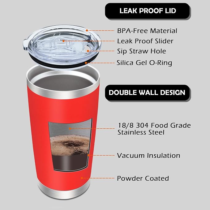 AIANJI 20oz Tumbler Bulk Stainless Steel Tumblers with Lid Vacuum Insulated Double Wall Travel Coffee Mug Powder Coated Tumbler Cup for Hot and Cold Drinks(Red, 1 pack)