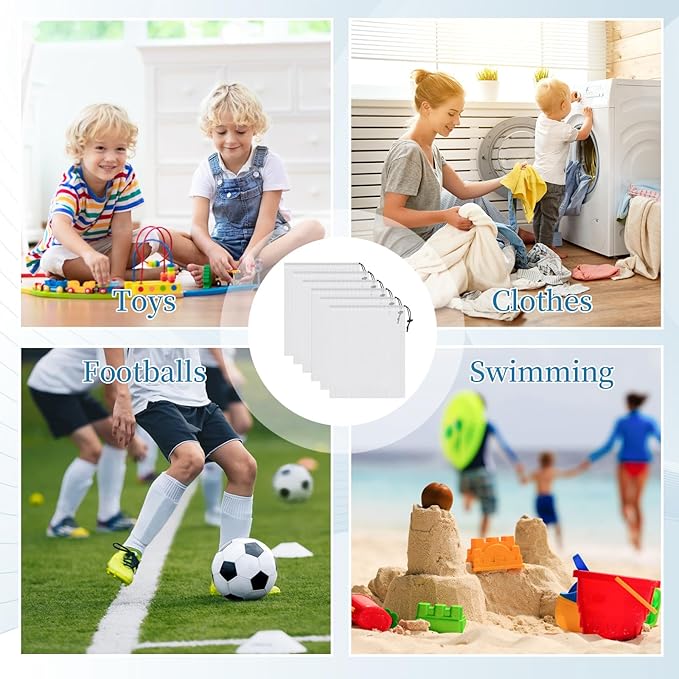 6 Pcs Mesh Bags Drawstring, 14x17 Inch with Lock, Multipurpose Storage Bags for Gym, Balls, Beach, Laundry (White)