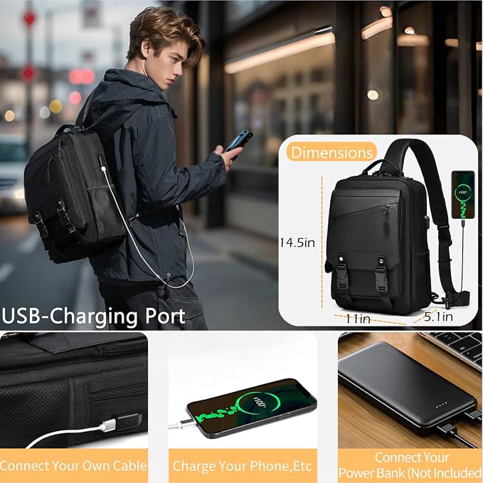 Leaper Anti-Theft Crossbody Sling Bag：one-handed quick-open lock in 3 seconds & hidden zippered pockets for Travel, Work & Daily Commute, Black