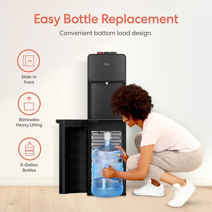 Brio 130 Series Bottom Load Water Cooler Dispenser for 5 Gallon Bottles, Hot, Room & Cold, Great for Home or Office, Child Safety Lock, Empty Bottle Alert, Energy Star 3.0, Black