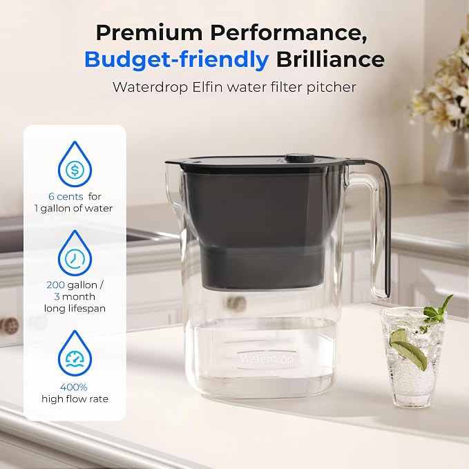 Waterdrop PT-05BL-L Water Filter Pitcher, 7-Cup, NSF Certified, 200-Gallon Long-Life Filter Purifier, Reduces Chlorine and PFOA/PFOS, for Countertop, Replaces 6,400 Plastic Water Bottles a Year, Black