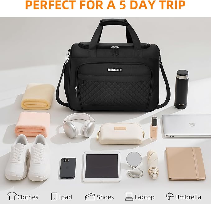 Travel Duffle Bag for Women, Underseat Carry On luggage Bag Foldable Overnight Weekender Hospital Bag Lightweight Airplanes Personal Item Travel Tote Bag for Women Birthday Gifts, 16IN Black