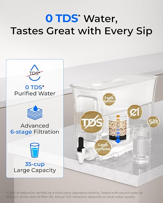 Waterdrop WFD-01W Water Filter Dispenser, 0 TDS Water Filter Pitcher, 35-Cup Large Capacity with 1 Filter, Reduce TDS, Chlorine, PFOA/PFOS and More, BPA Free, White
