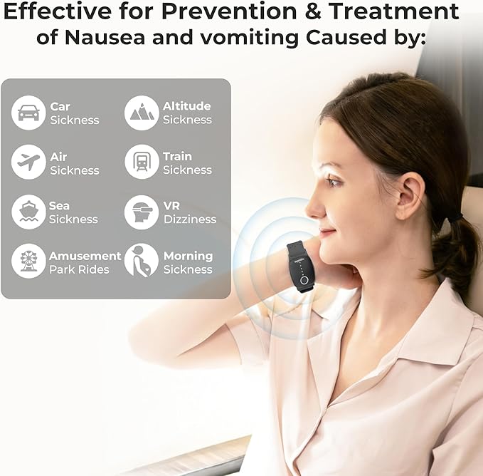 EmeTerm Explore Active FDA-Cleared Anti-Nausea Wristband Nickel-free 5m Dive Ready Motion Sickness Relief Band Non-drowsy Drug-Free Rechargeable Fluoroelastomer Strap for Salt-water Resistance (Black)