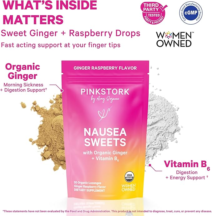 Pink Stork Organic Ginger Raspberry Sweets with Vitamin B6 for Morning Sickness and Motion Sickness, Added Ginger & Vitamin B6, 1st Trimester Pregnancy Must Haves - 30 Wrapped Candies