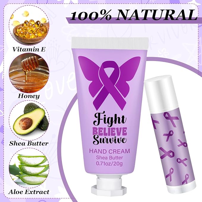 50 Set Purple Ribbon Awareness Gifts Bulk Woman Purple Ribbon 50 Lip Balm 50 Hand Cream 50 Bag 50 Tag for Domestic Violence Awareness Lupus Epilepsy Pancreatic Cancer Party