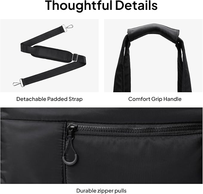 TOPEAST Weekender Bag for Women, Lightweight Puffer Travel Duffle Carry On Bag with Wet Pocket & 40oz Tumbler Pocket, Airline Approved Personal Item Overnight Bag, Black, Large