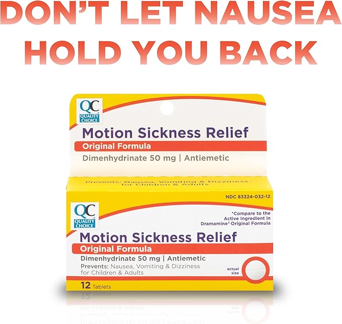 Quality Choice, Motion Sickness Relief, Prevents and Relieves Nausea, Dizziness & Vomiting, Original Formula Dimenhydrinate 50mg an Antiemetic, 12 Tablets Per Box, Car Sick, Seasickness Nausea Relief