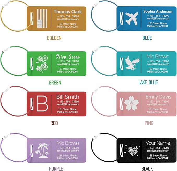 10 Personalized Metal Luggage Tags, Custom Suitcase Aluminum Name Tags with Steel Ring, Laser Engraved Name and Logo, for Travel, Backpack, Baggage, Golf Bag (Green)