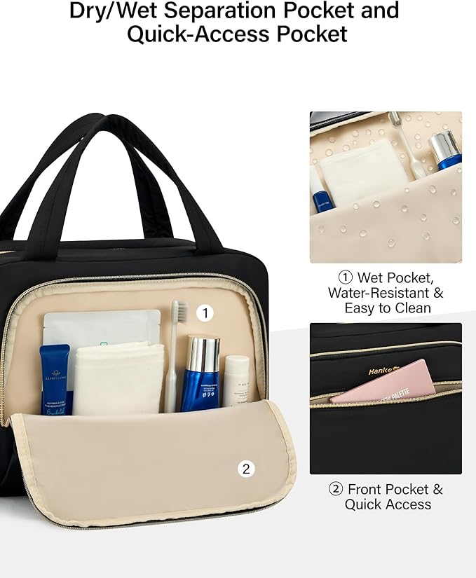 Hanke Hanging Travel Toiletry Bag for Women, Water-Resistant Makeup Organizer with Hook, Cosmetic Bag for Bathroom & Travel Essentials Accessories, Black