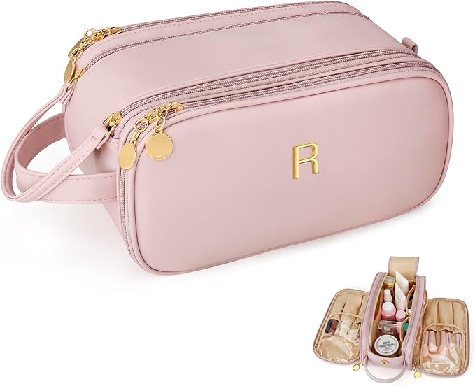 Gifts for Women Teen Girls Large Capacity Initial Travel Makeup Bag, 3-Compartment Cosmetic Organizer with Clear Brush Holders, Large Opening Waterproof Toiletry Bag, Pink,R
