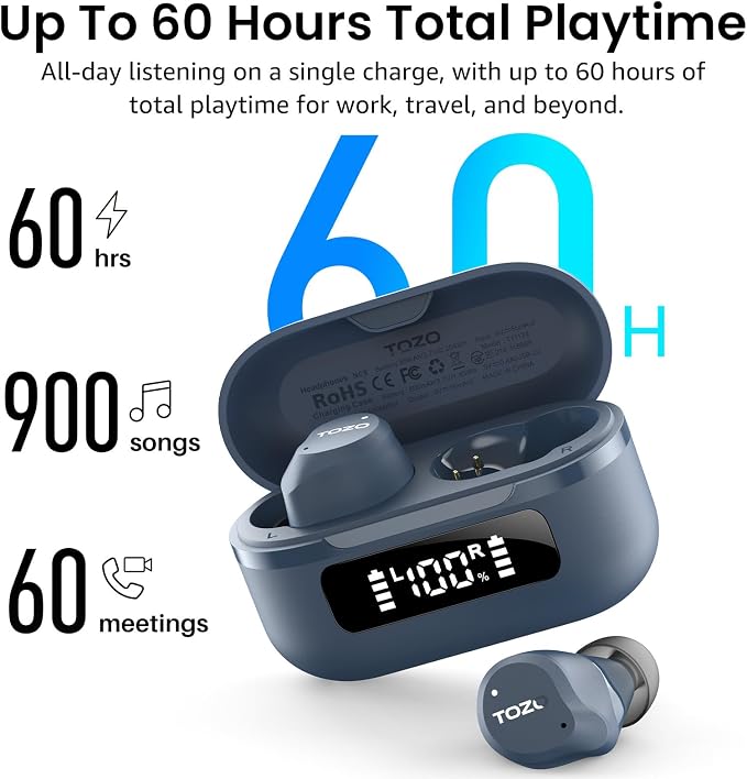 TOZO NC9 Hybrid Active Noise Cancelling Wireless Earbuds, 6 Mics ENC Clear Call, IPX8 Waterproof, in Ear Bluetooth 5.3 Headphones Stereo Bass Ear Buds 60H Playtime with LED Display 32 EQs via APP