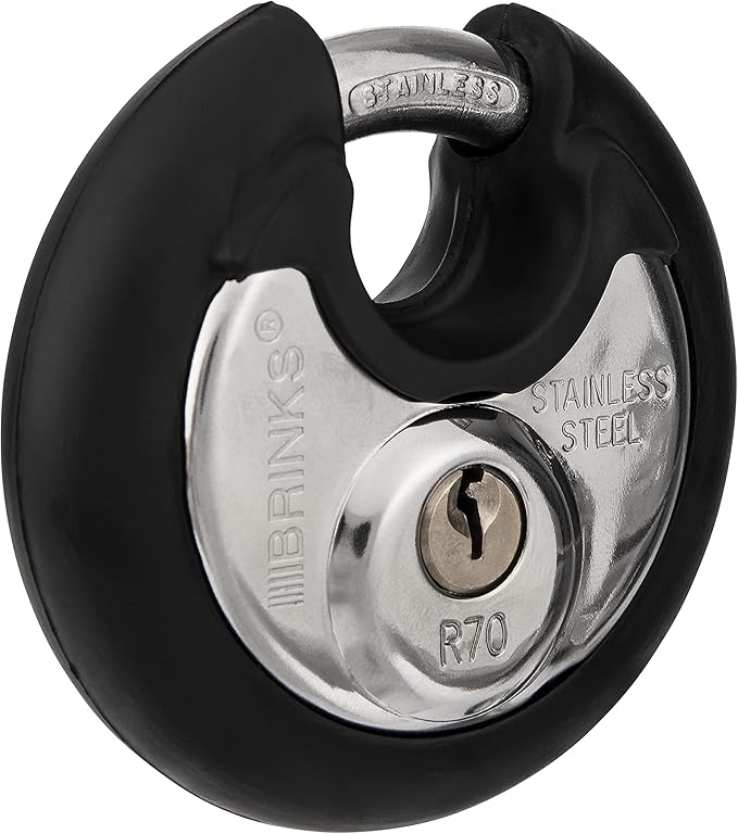 BRINKS Heavy Duty Padlock with Key - 70mm Discus-Shaped Keyed Lock for Storage Shed, Garage, Storage Lockers, Sliding Doors, Tool Box, and Cabinets, 2 Pack
