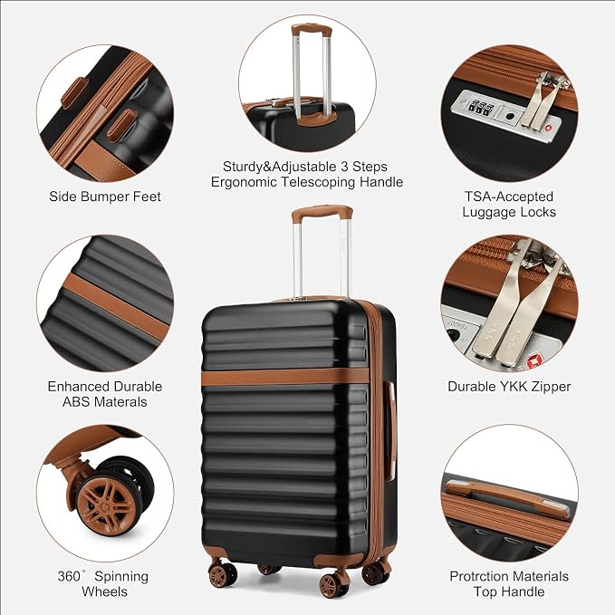 Kono Medium Sized Checked Luggage, 24 Inch Expandable with Spinner Wheels, TSA Lock, ABS + PC Lightweight Travel Suitcase with Larger Capacity and Lighter Weight, Black Brown