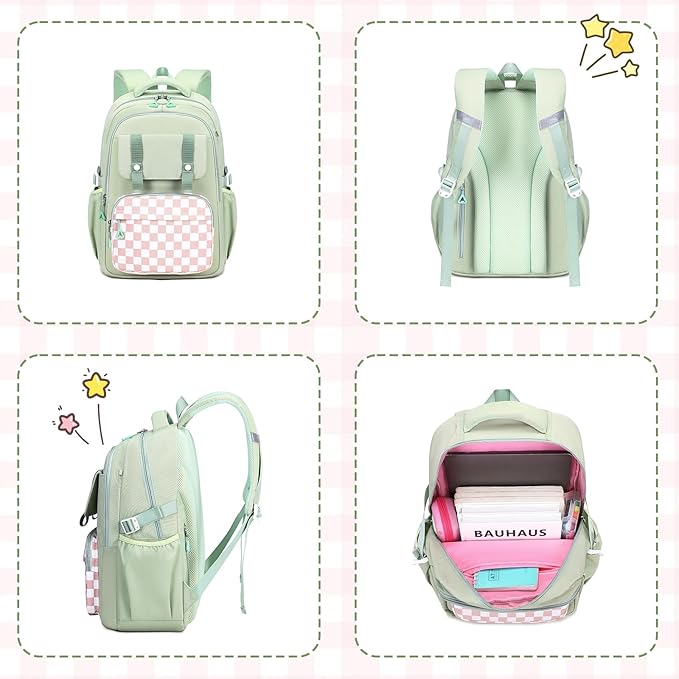 MUSEVOS Girls Backpack, Ideal School Backpack for Girls from Elementary to Teen Years, Kawaii Bookbag Cute Large Capacity, Checkered, Green