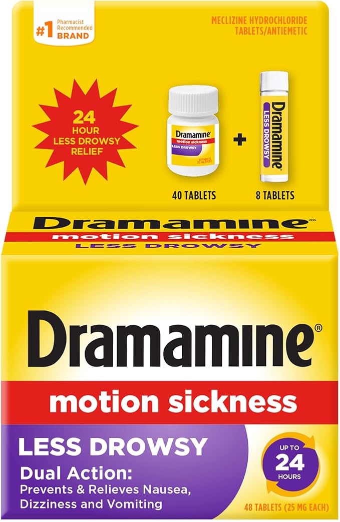 Dramamine Motion Sickness Less Drowsy, for Nausea Relief During Travel, 48 Count