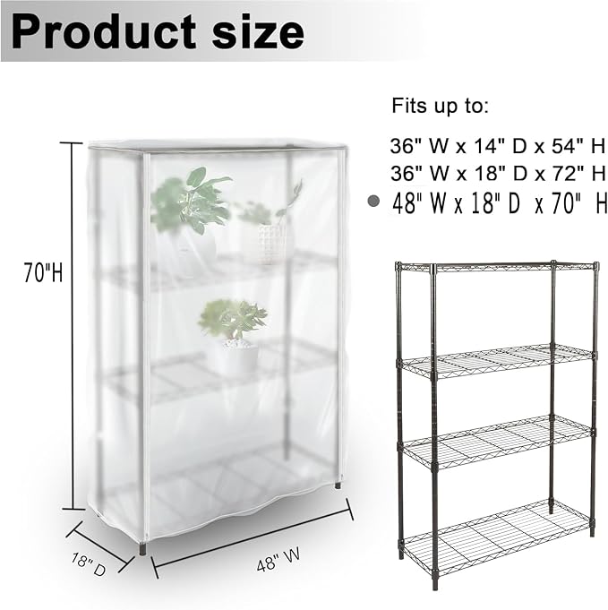 Frosted Wire Shelf Cover with Zipper, Waterproof Dustproof PVC Rack Cover for 48 x 18 x 72 Inch Wire Shelving, Semi-Transparent, Helps Hide Clutter, Cover Only
