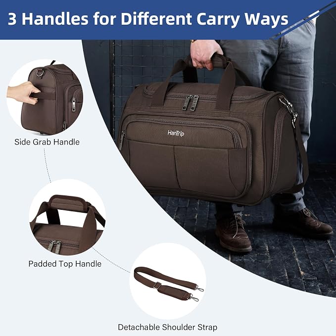 HanTrip Carry on Duffel Bag Foldable Duffle Bags for Travel, Under Seat Personal Item Bags for Airplanes, Weekender Overnight Mens Travel Tote Bag for Women Small Softside Carry on Luggage (Coffee)