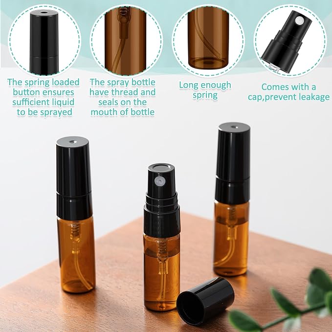 Zhehao 50 Pcs Mini Spray Bottles 3ml Clear Glass Perfume Bottles Refillable Fine Mist Perfume Atomizer Portable Empty Sample Containers for Cleaning, Essential Oils, Travel (Amber)
