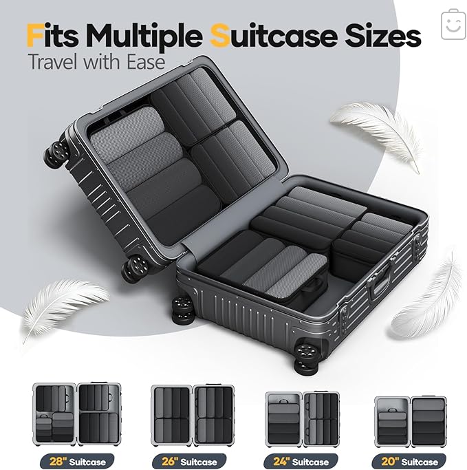 Veken 6/9/11 Set Compression Packing Cubes for Travel Essentials,Compressible Expandable Large Luggage Suitcase Organizer Bags for Clothing,Durable Space Saver Storage Bags(Black)