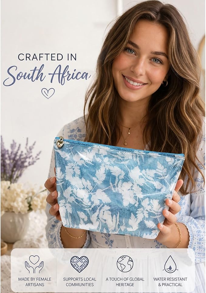 Jacaranda Living Large Cosmetic Bag – Water-Resistant Makeup & Toiletry Bag with PVC-Lined Interior, Travel Beauty Organizer, Blue Seashells