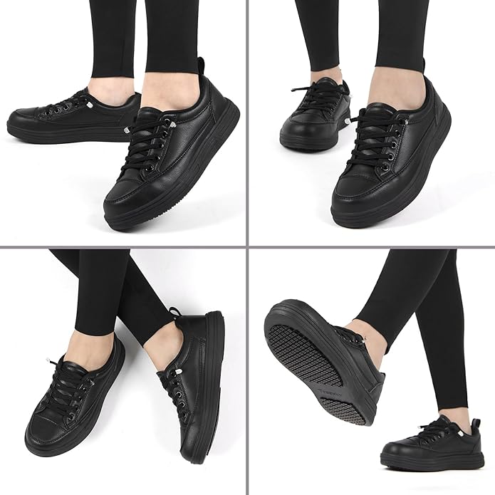 Treesky Black Slip On Non Slip Work Shoes for Women, Faux Leather Sneakers | Slip resistant soles, water resistant faux leather, wipe clean, EVA cushioning, no-tie slip-on, for kitchen & food service
