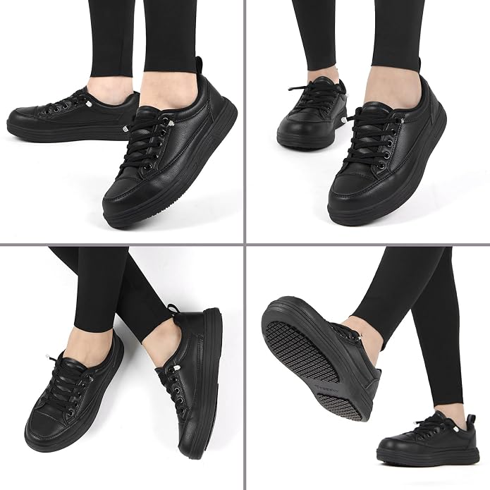 Treesky Black Slip On Non Slip Work Shoes for Women, Faux Leather Sneakers | Slip resistant soles, water resistant faux leather, wipe clean, EVA cushioning, no-tie slip-on, for kitchen & food service