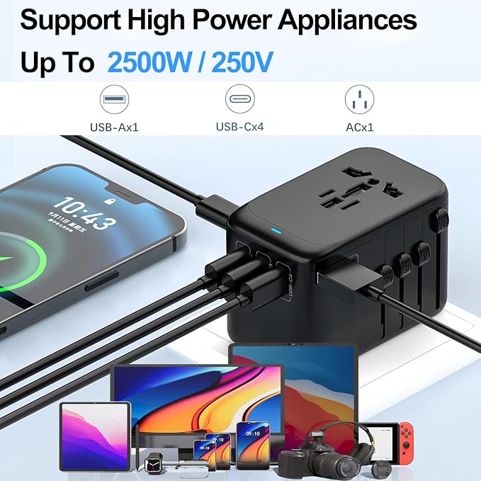 JMFONE GaN 100W Universal Travel Adapter, 5 USB Ports & 2500W AC Socket, USB C Fast Charging Laptops/Tablets/Phones, International Power Adapter with EU UK US AUS Plugs for 200+ Countries