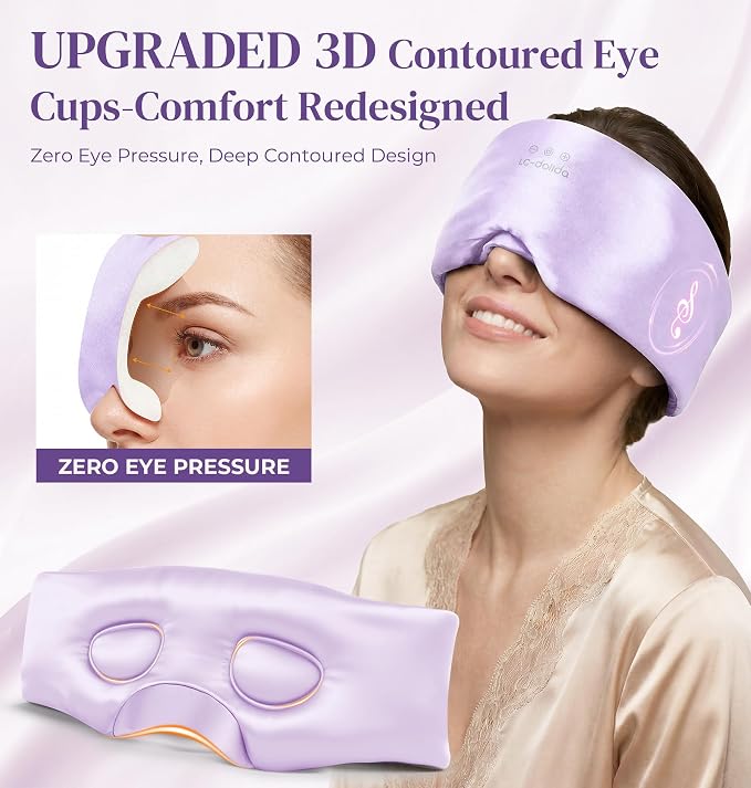 LC-dolida 3D Silk Bluetooth Sleep Mask, Mulberry Silk Sleep Mask with Bluetooth Headphones, Bluetooth Eye Sleep Mask for Side Sleepers, Total Blackout Bluetooth Eye Mask for Women Men, Light Purple
