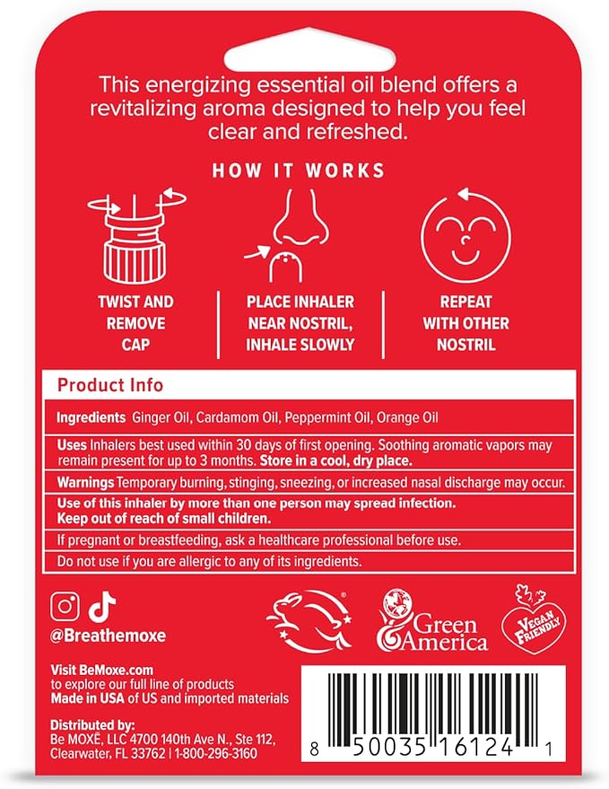 MOXE Nausea Nasal Inhaler Sticks, All Natural Essential Oil Blend, Ginger, Cardamom, Peppermint, Sweet Orange, Upset Stomach, Headaches, Easy-to-Use Portable Aromatherapy, Made in USA, 1 Pack