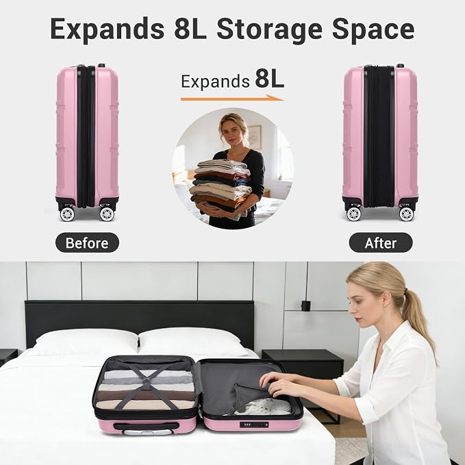 Kono Carry On Luggage 22x14x9 Airline Approved with Spinner Wheels,Lightweight PC+ABS 20 Inch Luggage with TSA Lock,Expandable Hard Shell Carry On Suitcases for Men Women,Pink