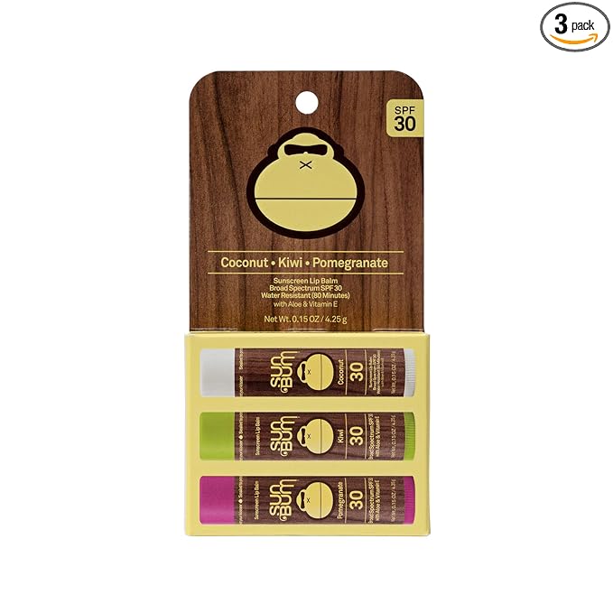NEW Sun Bum SPF 30 Sunscreen Tropical Lip Balm 3 Pack - Pomegranate, Kiwi, Coconut - Moisturizing Aloe Vera and Vitamin E - Vegan and Cruelty Free - UVA/UVB Lip Protection - 0.15 oz, 3 count