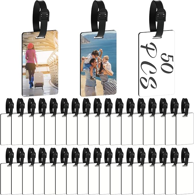 Frienda Sublimation Luggage Tag Blanks White Blank Travel Bag Tags Bulk with Strap Double Sided MDF Suitcase Labels with Slots for Easy Identification