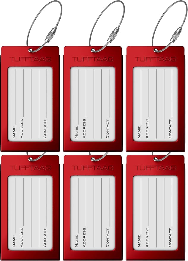 Luggage Tags Business Card Holder by TUFFTAAG - Durable Travel ID Bag Tag, Red, 6 Tags