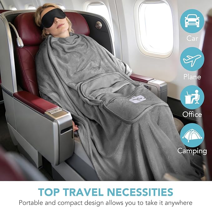 SINLAND Travel Pillow and Blanket 2-in-1 Set,Airplane Packable Bag,Soft and Lightweight Plane Flight Car Trips Travel Essentials Gift,Hand Luggage Sleeve and Backpack Clip,60x52 Inch Grey
