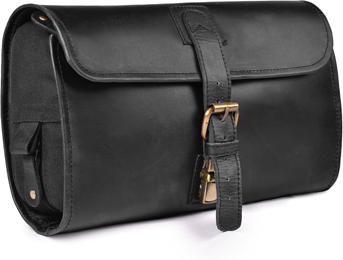 LEATHER VILLAGE Hanging Genuine Leather Toiletry Bag for Men & Women with Waterproof Lining – Handcrafted Vintage Travel Dopp Kit, Shaving Organizer & Shower Bathroom Essentials Case - Black